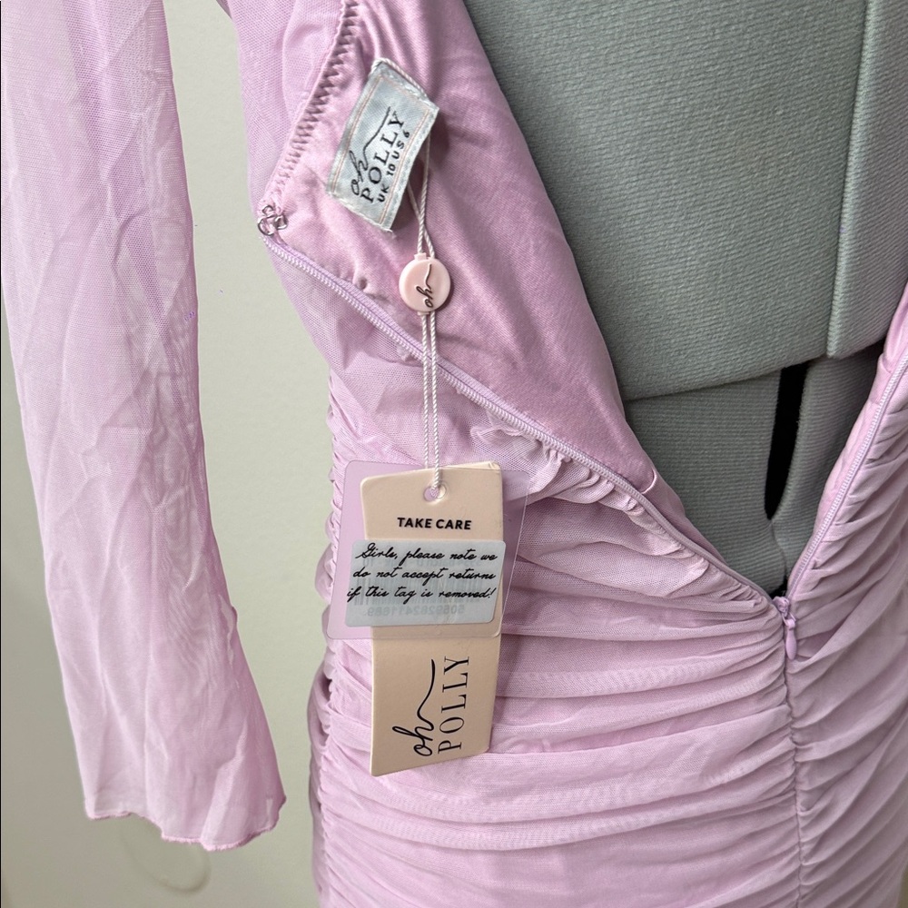 Oh Polly Pink Ruched Mesh Mini Dress Long Sleeve Bodycon Size 6 NWT - Picture 10 of 10